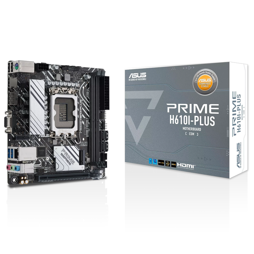 Материнская плата ASUS PRIME H610I-PLUS-CSM, LGA 1700, Intel H610, 2xDDR5, 4xSATA, 1xM.2 PCIe 3.0 x4, 1xPCIe 4.0 x16, 1xHDMI, 1xDP, 1xVGA, 2xUSB-A 3.2 Gen 1, 2xUSB-A 2.0, 1x 1Gb LAN, 3x3.5 мм, 7.1, Mini-ITX