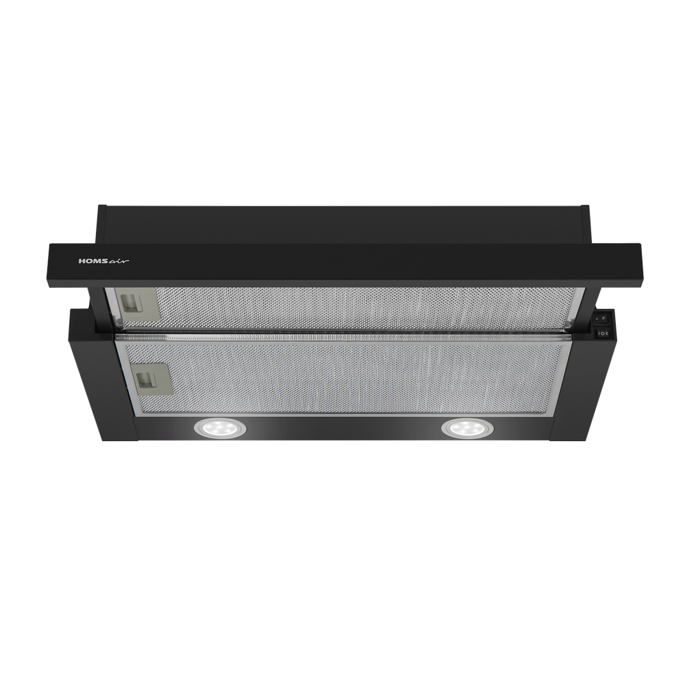 ВЫТЯЖКА HOMSair Flat 60 Black/ встраиваемая, колыбельное управление, 2 скорости, 520 м3/ч, до 20 м2, 45 дБ, угольный фильтр CF110 - 1 шт, ШхВхД: 500х176х280 мм, черный цвет
