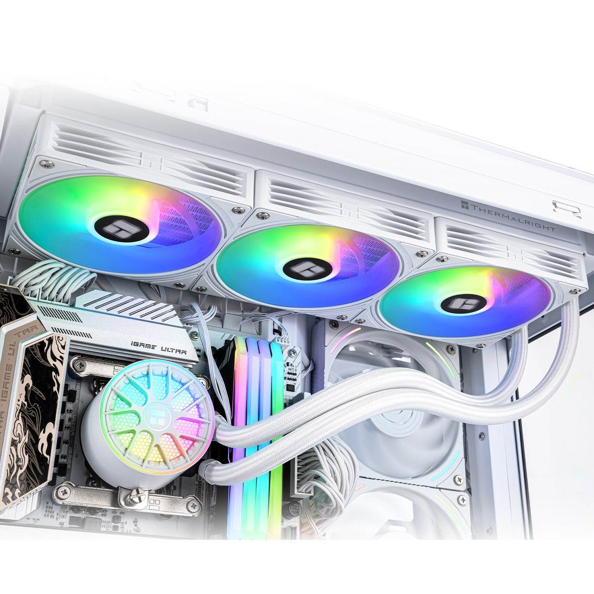 Система жидкостного охлаждения/ Water Cooling System Thermalright Aqua Elite 360 V6 (360mm, White, ARGB/ Fans: 3x120mm, 70.84CFM, 29.8dBA, 2000RPM/ Pump height 53.5mm, 2800RPM, Rad thickness 27mm/ S: 1700, 1200, 1851, 115X, AM5, AM4)