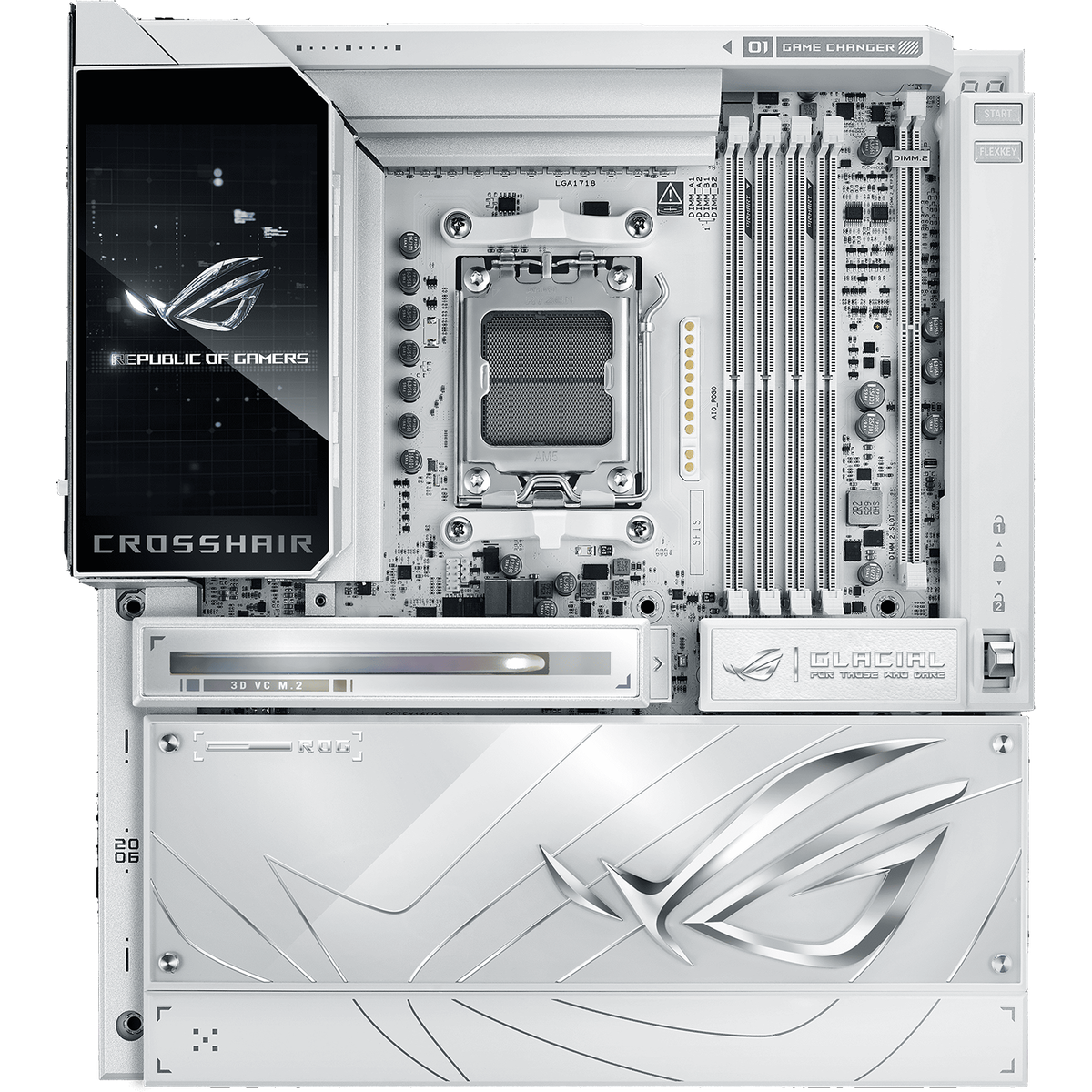 Материнская плата ASUS ROG CROSSHAIR X870E GLACIAL, AM5, AMD X870E, 4xDDR5, 4xSATA, 7xM.2, 2xPCIe 5.0 x16, 2x10Gb LAN, Wi-Fi 7, Bluetooth 5.4, 2xUSB-C 40Gbps (USB4 / Gen3x2), 4xUSB-C 10Gbps, 8xUSB-A 10Gbps, 2x3.5 мм, 7.1, E-ATX