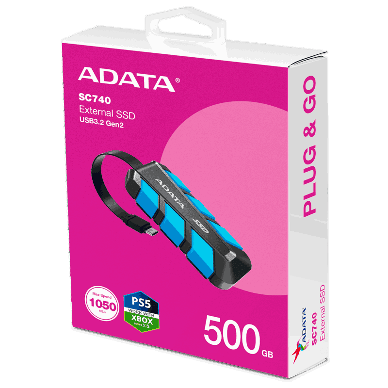 Твердотельный накопитель/ ADATA External SSD SC740, 500GB, Type-C, USB 3.2 Gen2, R/W 1050/1000 MB/s, 121.8x40.5x22.3mm, Blue (5 лет)