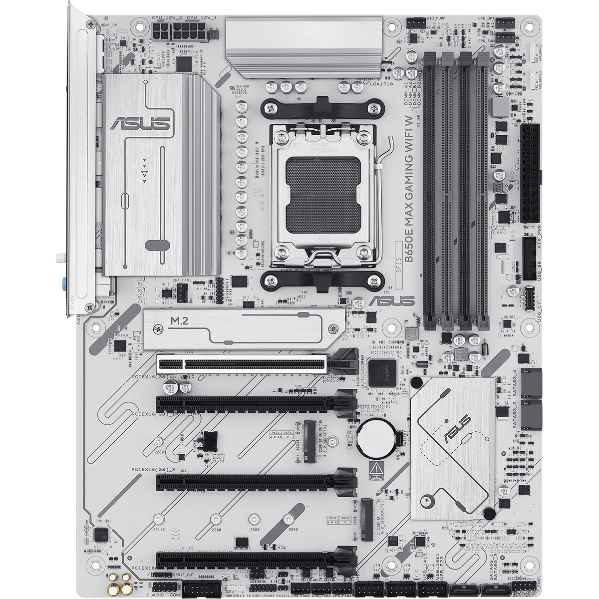 Материнская плата ASUS B650E MAX GAMING WIFI W, AM5, AMD B650, 4xDDR5, 4xSATA, 3xM.2, 1xPCIe 5.0 x16, 1xPCIe 4.0 x4, 2xPCIe 3.0 x1, 1xDP, 1xHDMI, 1x2.5Gb LAN, Wi-Fi 6E, Bluetooth 5.3, 1xUSB-C 10Gbps, 3xUSB-A 10Gbps, 2xUSB-A 5Gbps, 2xUSB-A 2.0, 3x3.5 мм, 7.1, ATX