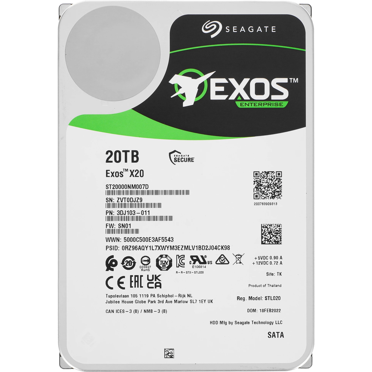 Жесткий диск/ HDD Seagate SATA3 20Tb Exos 7200 RPM 512Mb OFFICIAL RECERTIFIED MTBF - 2.5M 1 year warranty (replacement ST20000NM007D, ST20000NM002H, MG10ACA20TE)