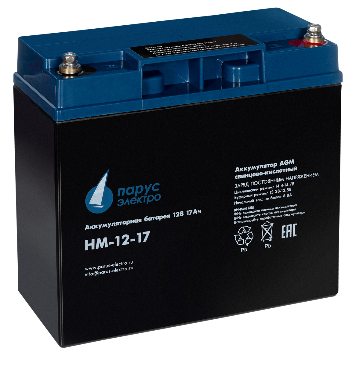 Battery Parus Electro, standard series HM-12-17, voltage 12V, capacity 17Ah (discharge 20 hours), max. discharge current (5sec) 225A, max. charge current 6.8A, lead-acid AGM type, M5 bolt terminals, LxWxH 181x77x167mm., total height with terminals 167mm., weight 5.6kg., service life 6-8 years.