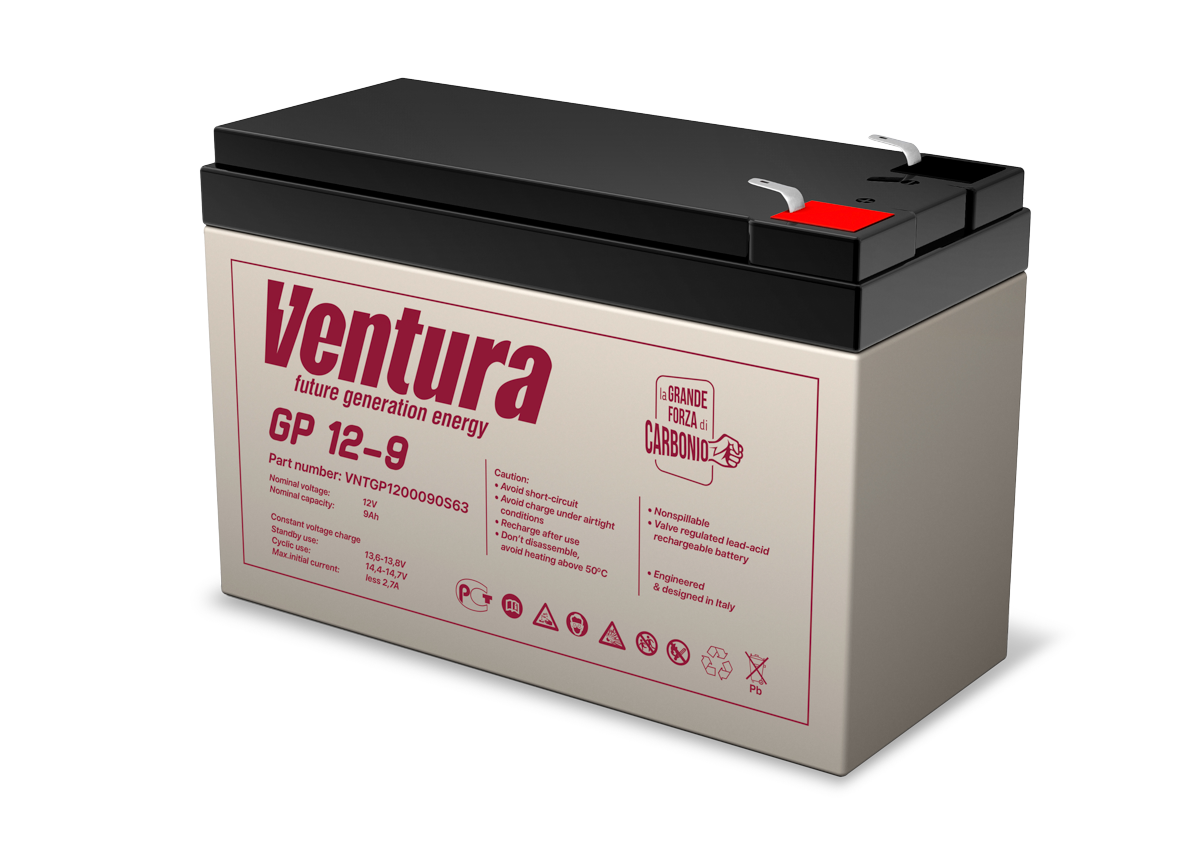 Батарея Ventura серия GP, GP12-9, напряжение  12B, емкость 9Ач (разряд 20 часов), макс. ток заряда 2.25А,  свинцово-кислотная типа AGM,  клеммы  T2, ДШВ  151х65х100мм, вес 2.5кг/ Ventura battery GP series, GP12-9, voltage 12V, capacity 9Ah (discharge 20 hours), max. charging current 2.25A, lead-acid type AGM, terminals T2, LxWxH 151x65x100mm, weight 2.5kg
