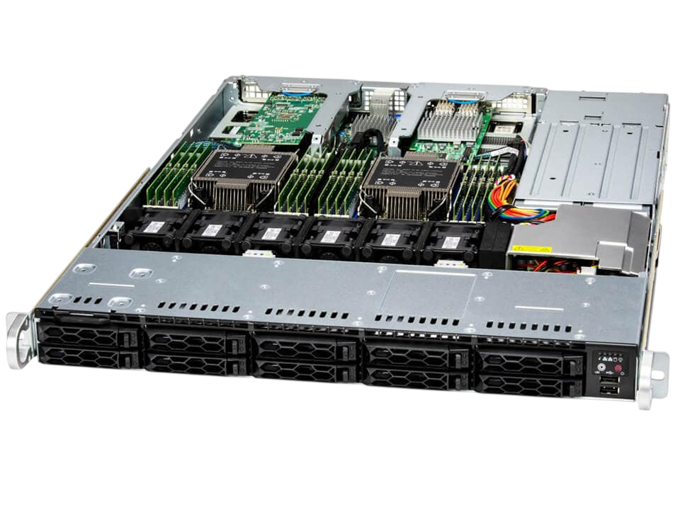 Серверная платформа/ SYS-121C-TN10R (bundle10): 1U / 2x LGA-4677 / 16x DDR5 RDIMM / 10x 2.5 NVMe/SAS*/SATA* / 2x PCIe 5.0 x16 FHHL / 2x PCIe 5.0 x4 NVMe M.2 / 1x 2-Port 1GbE RJ45 / TPM / 2x 860W Power (10 NVME config)