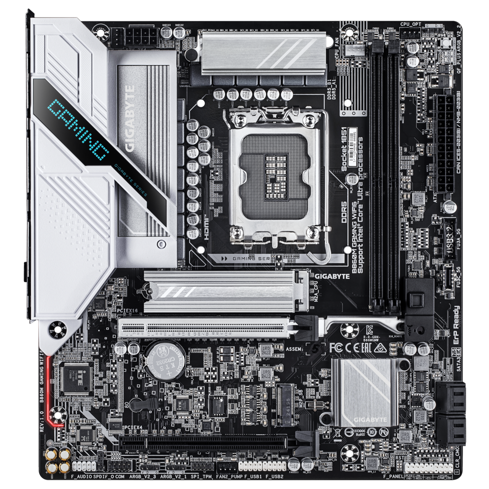 Материнская плата Gigabyte B860M GAMING WIFI6, LGA 1851, Intel B860, 2xDDR5, 4xSATA, 2xM.2, 1xPCIe 5.0 x16, 1xPCIe 4.0 x16, 1xHDMI, 1xDP, 1x2.5Gb LAN, Wi-Fi 6, Bluetooth 5.3, 3xUSB-A 5Gbps, 3xUSB-A 2.0, 1xPS/2, 3x3.5 мм, 7.1, mATX