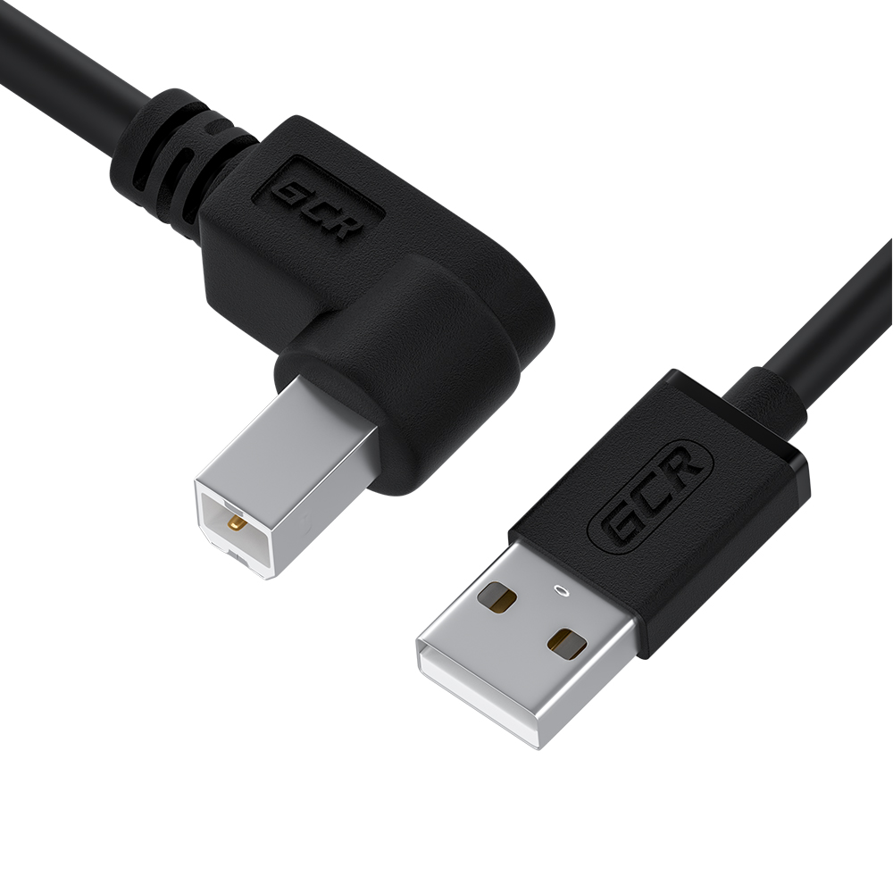 GCR PRO Кабель 0.5m USB 2.0 AM/BM угловой правый, черный, 28/24 AWG, медь, морозостойкий