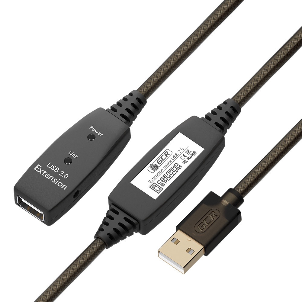GCR PRO Удлинитель активный 20.0m USB 2.0 AM/AF, GOLD, черно-прозрачный, медь, с 2-мя усилителями сигнала Premium, разъём для доп.питания, 24/22 AWG