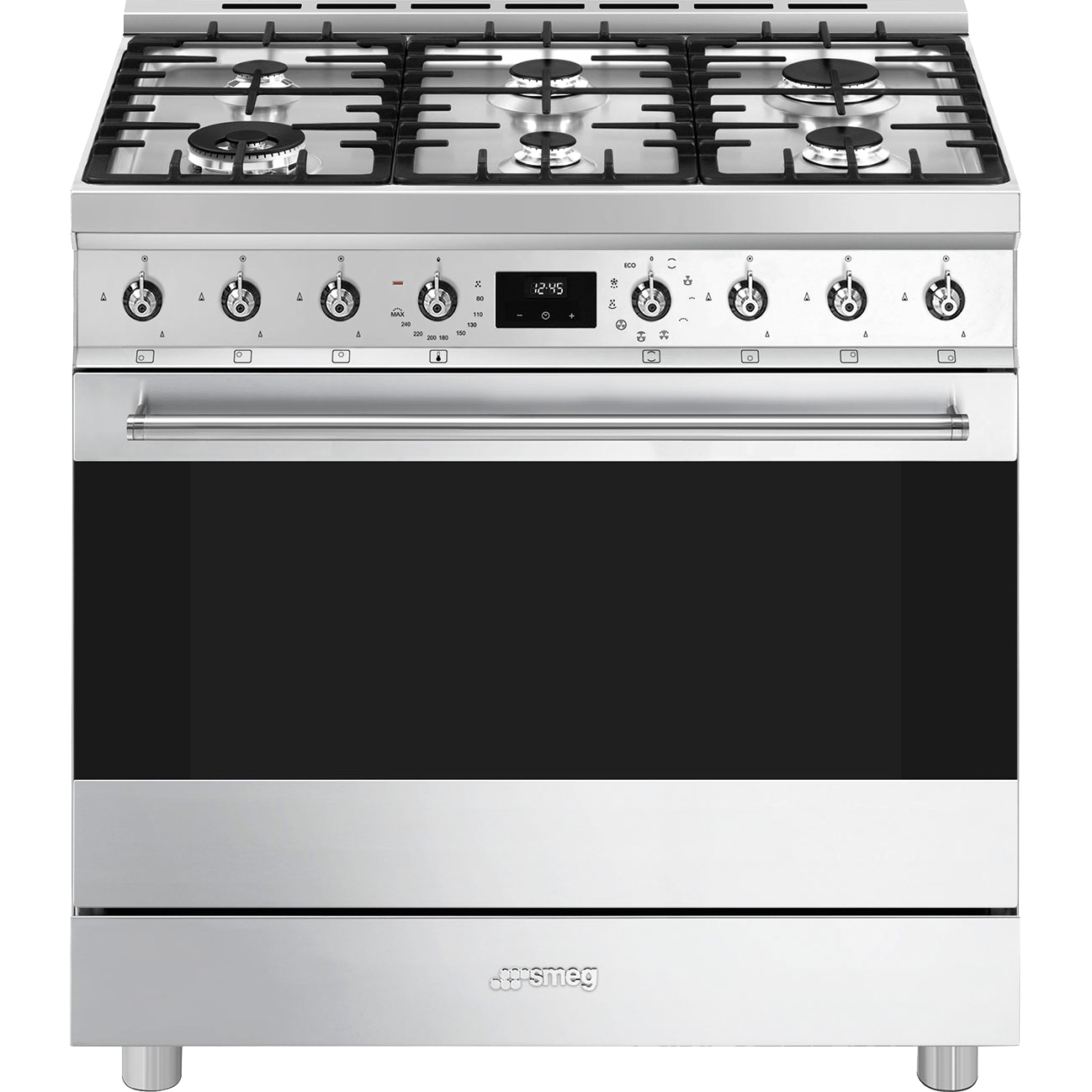 Плита SMEG/ Отдельностоящий варочный центр SMEG, 90х60 см, Classica, газовая варочная панель, 6 конфорок, электроподжиг, газ-контроль, электрическая духовка, объем 129 л, гриль, энергоэффективность А, цвет нержавеющая сталь