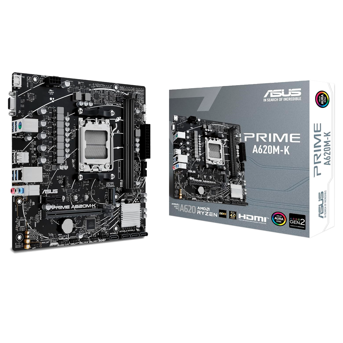 Материнская плата ASUS PRIME A620M-K, AM5, A620, 2*DDR5, 4*SATA, 1*M.2, 4*USB 3.2, 2*USB 2.0, PCIx16, 1*PCIx1, VGA+HDMI, mATX; 90MB1F40-M0EAY0