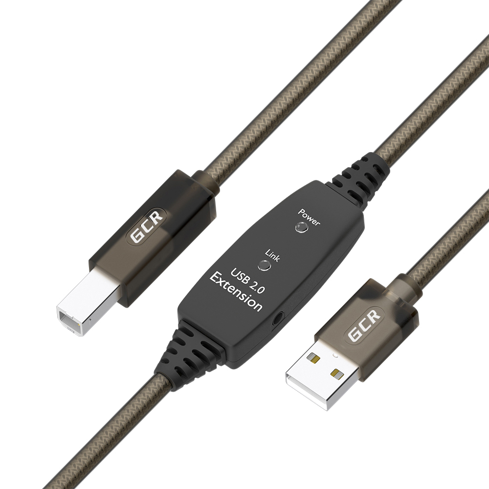 GCR PRO Кабель активный 5.0m USB 2.0, AM/BM, черно-прозрачный, медь, с усилителем сигнала, разъём для доп.питания, 28/24 AWG