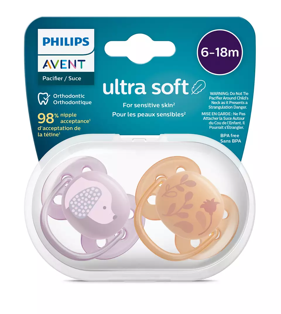 (Поврежденная упаковка) Пустышка Philips ultra soft, собачка/цветочки, 6-18 мес., 2 шт./SCF091/18