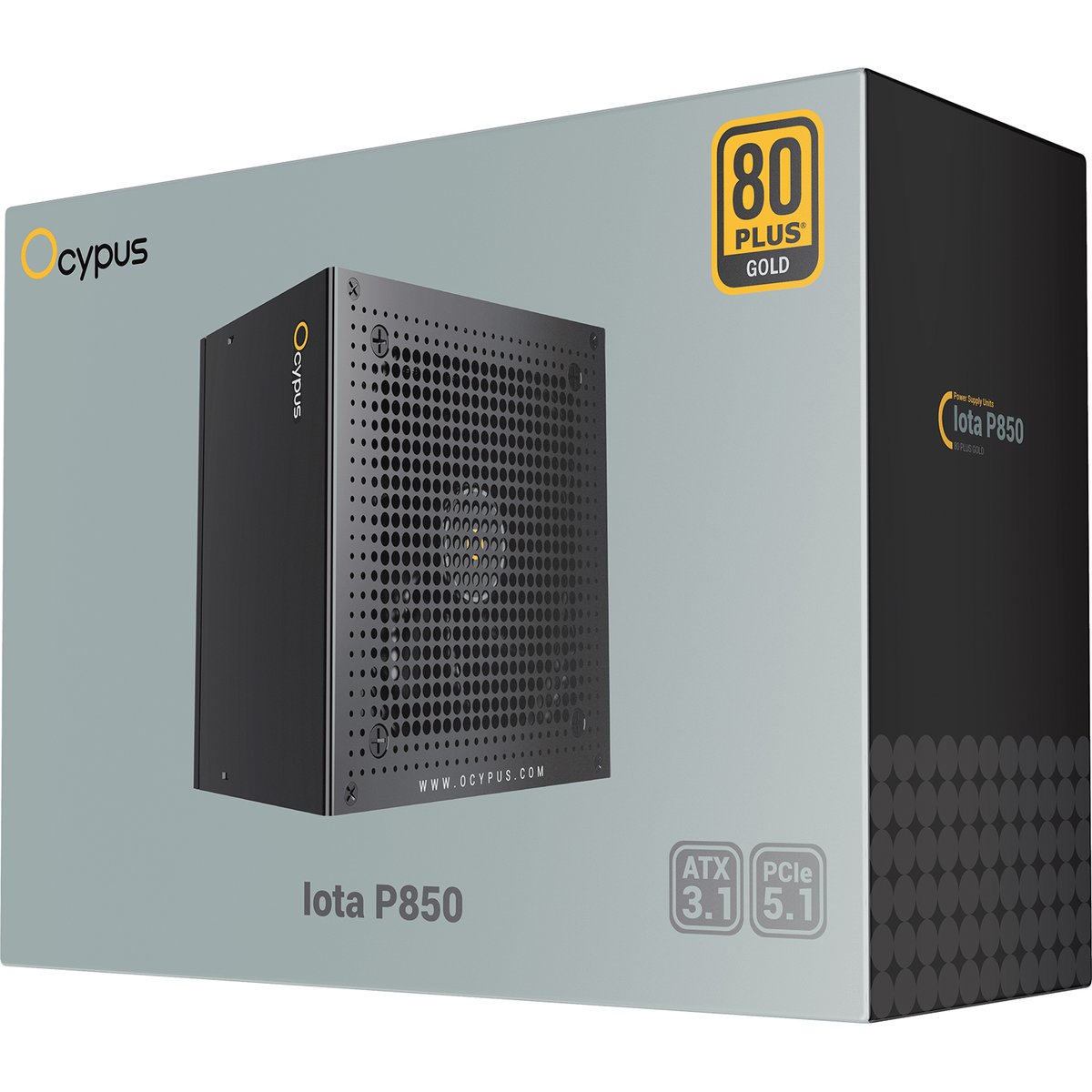 Блок питания ПК/ Power Supply Ocypus Iota P850, Model P850-GF, 850W 80+ Gold (ATX, 3.1, Full modular, 1x24(20+4)pin, 2xCPU 8(4+4)pin, 3xPCIe*2 8(6+2)pin, 1x12V-2x6, 8xSATA3 , Active, 120x120mm, 150x140x86mm, APFC, black)