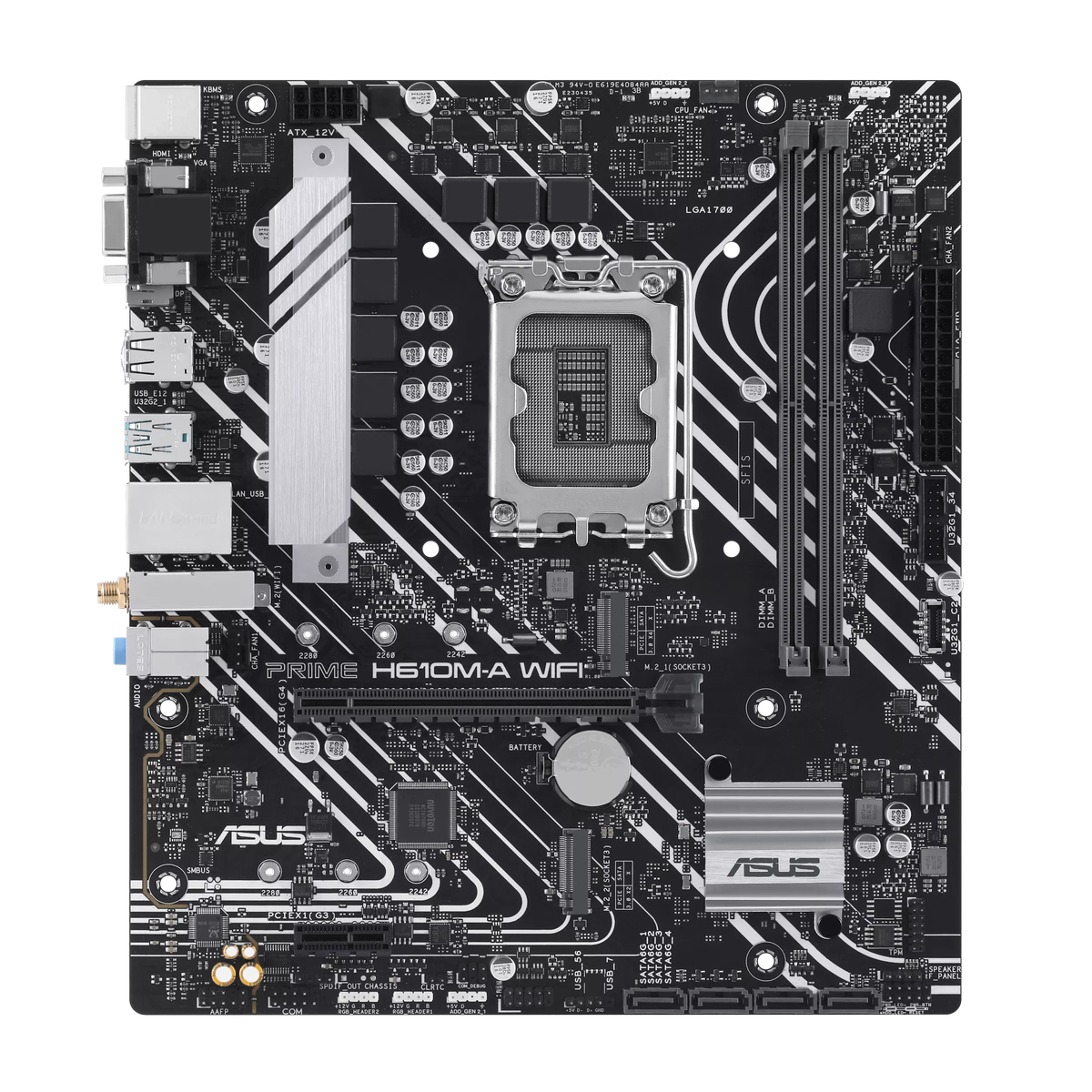 Материнская плата ASUS PRIME H610M-A WIFI, LGA 1700, Intel H610, 2xDDR5, 4xSATA, 2xM.2, 1xPCIe 4.0 x16, 1xDP, 1xHDMI, 1xVGA, 1x1Gb LAN, 1xUSB 3.2 Gen 2, 4xUSB 2.0, 3x3.5 мм, 7.1, mATX