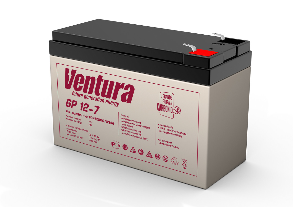 Батарея Ventura серия GP, GP12-7, напряжение  12B, емкость 7Ач (разряд 20 часов), макс. ток заряда 1.8А,  свинцово-кислотная типа AGM,  клеммы  T2, ДШВ  151х65х100мм, вес 2.04кг/ Ventura battery GP series, GP12-7, voltage 12V, capacity 7Ah (discharge 20 hours), max. charging current 1.8A, lead-acid type AGM, terminals T2, LxWxH 151x65x100mm, weight 2.04kg