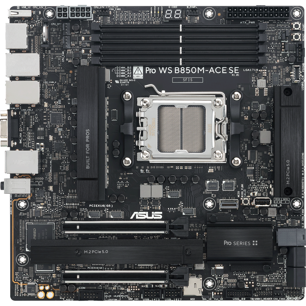 Материнская плата ASUS PRO WS B850M-ACE SE, AM5, AMD B850, 4xDDR5, 4xSATA, 2xM.2, 1xPCIe 5.0 x16, 1xPCIe 4.0 x16, 1xVGA, 1xHDMI, 1xDP, 1x2.5Gb LAN, 1x10Gb LAN, 2xUSB-C 10Gbps, 3xUSB-A 10Gbps, 2xUSB-A 2.0, 7.1, mATX