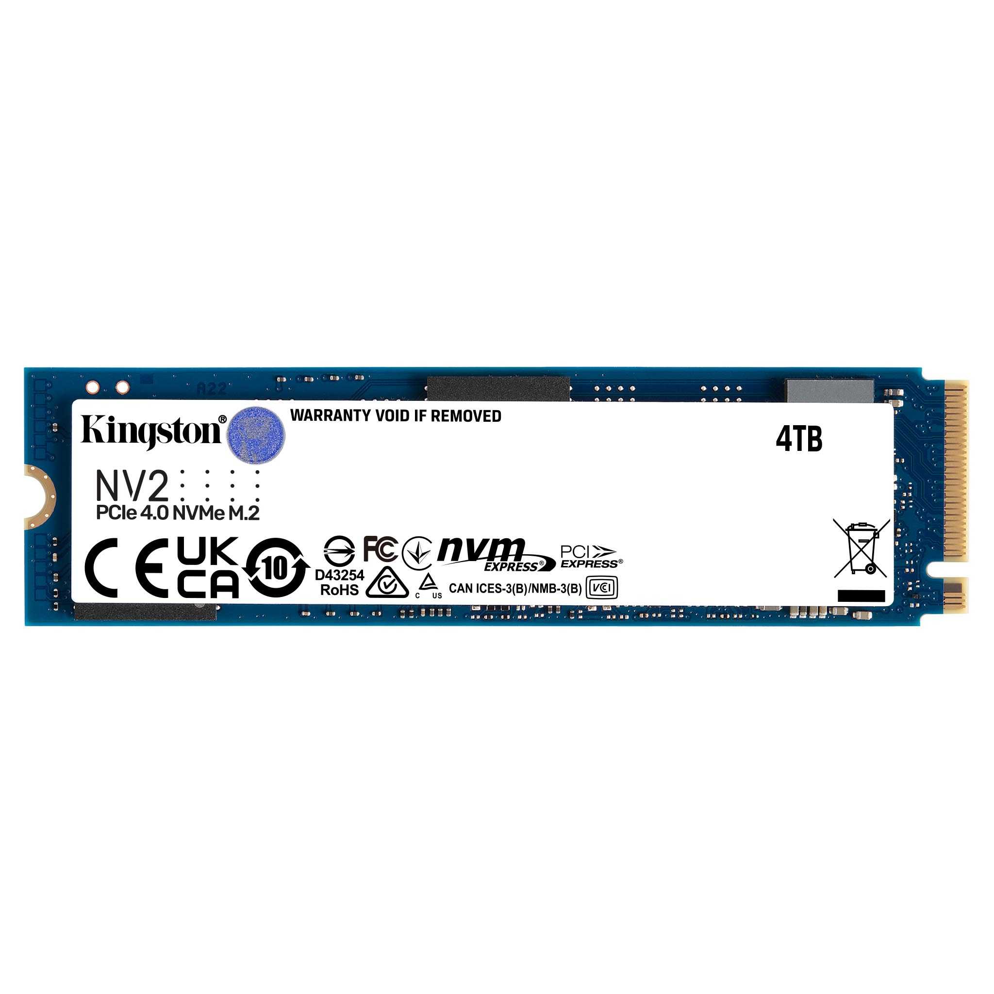 Твердотельный накопитель/ Kingston SSD NV2, 4000GB, M.2(22x80mm), NVMe, PCIe 4.0 x4, 3D TLC, R/W 3500/2800MB/s, TBW 1280, DWPD 0.3 (60 мес)