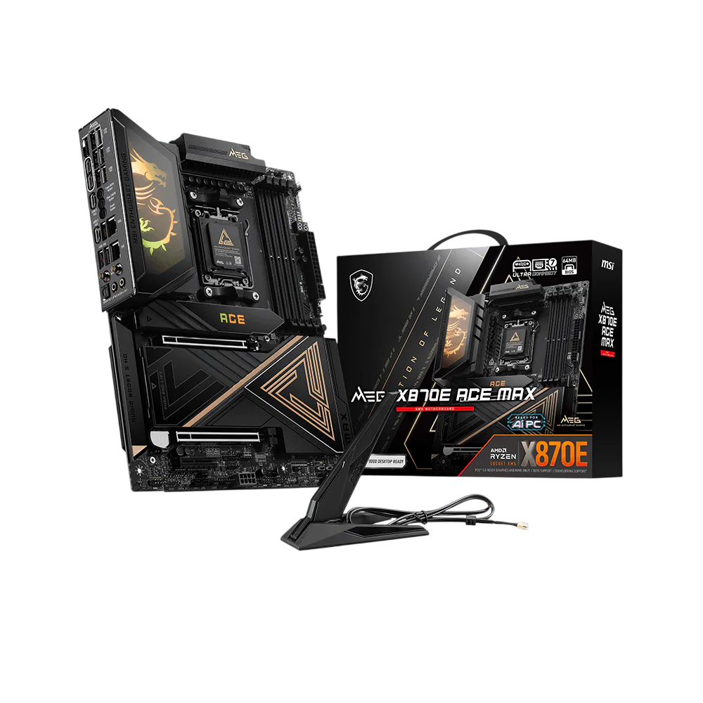 Материнская плата MSI MEG X870E ACE MAX, AM5, AMD X870E, 4xDDR5 (до 256 ГБ), 4xSATA, 5xM.2 (2xPCIe 5.0, 3xPCIe 4.0), 2xPCIe 5.0 x16, 1xPCIe x4, 1xHDMI, 1x5Gb LAN, 1x10Gb LAN, Wi-Fi 7, Bluetooth 5.4, 2xUSB-C 40Gbps (USB4), 2xUSB-C 20Gbps, 2xUSB-A 10Gbps, 7xUSB-A 5Gbps, 3x3.5 мм + S/PDIF оптический, 7.1, чёрный, с подсветкой, ATX