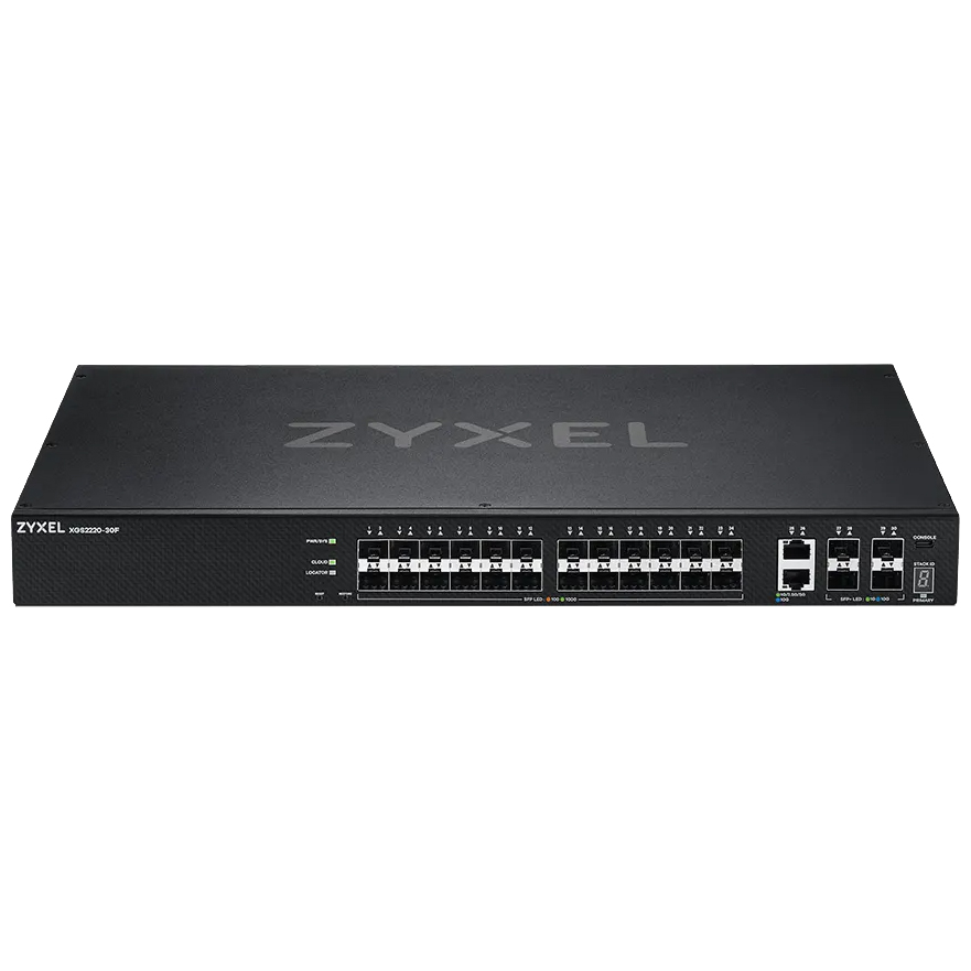 XGS2220-30F-EU0101F - L3 Access Gigabit Fiber Switch Zyxel NebulaFlex Pro XGS2220-30F, 24xSFP, 2xRJ-45: 1/2.5/5/10G, 4xSFP+, stackable (up to 4), rack 19"