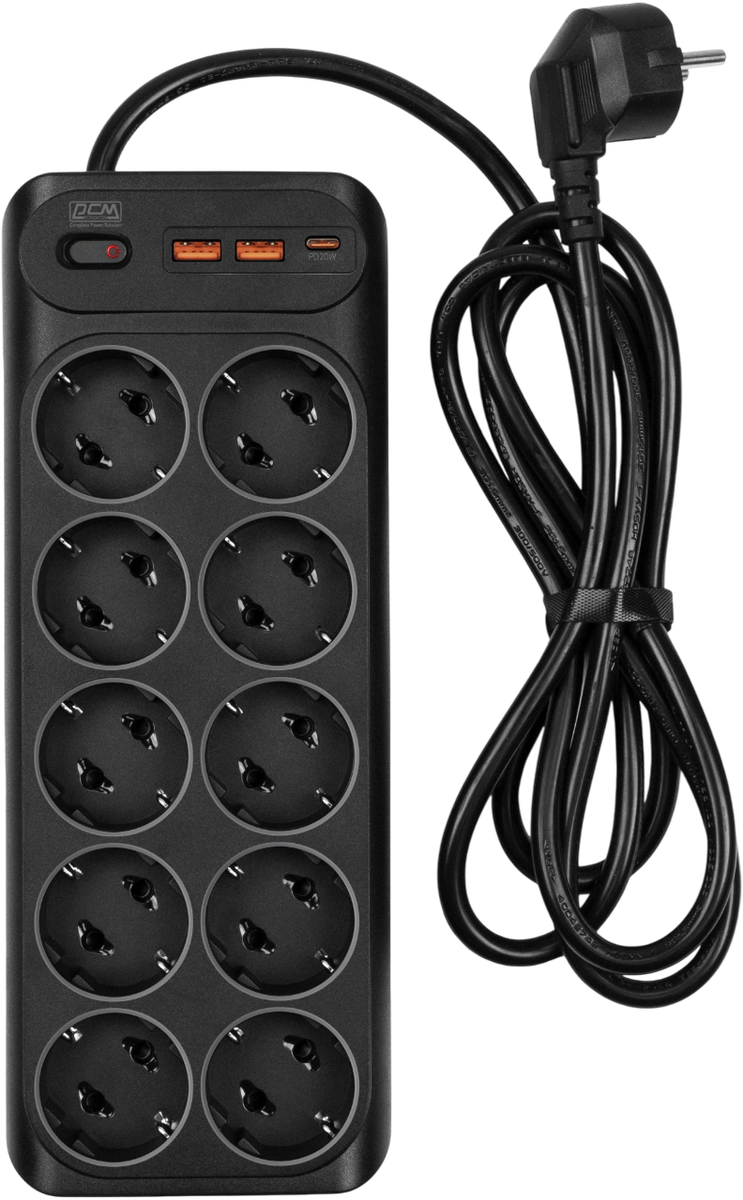 Сетевой фильтр-удлинитель/ PowerCom SP-10 USB2A1CB 3.0M, 10 розеток, черный, 16А, 4кВт, 204Дж, защитные шторки, защита от КЗ, перегрузки и импульсных помех, один порт USB-C(PD20W) и два USB-A(QC3.0) суммарной мощностью 15Вт, кабель 3x1.5 мм2, ШхГхВ 268х105х43 мм, вес 0.77 кг.