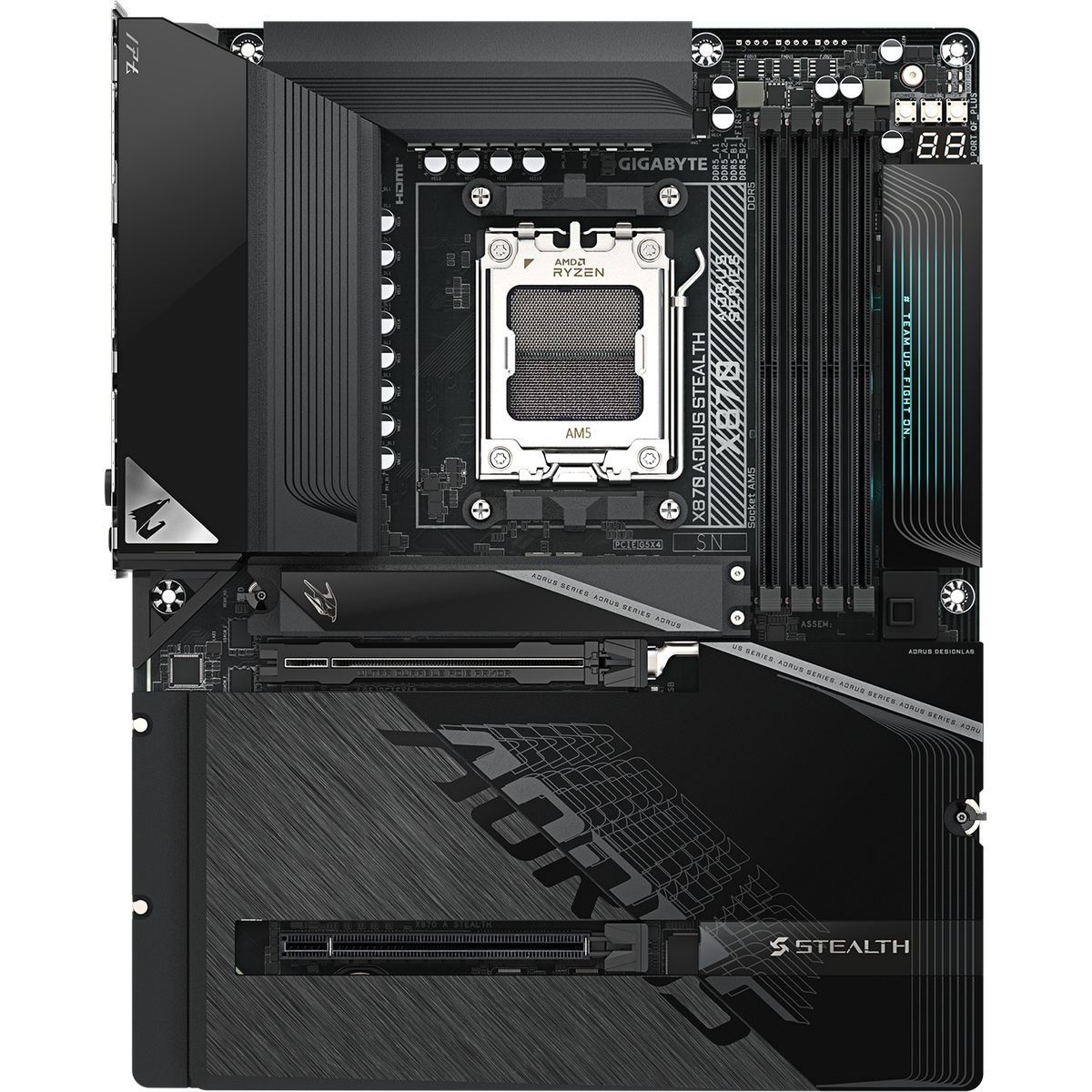 Материнская плата Gigabyte X870 AORUS STEALTH, AM5, AMD X870, 4xDDR5, 2xSATA, 4xM.2, 1xPCIe 5.0 x16, 1xPCIe 4.0 x16, 1xHDMI, 1x5Gb LAN, Wi-Fi 7, Bluetooth 5.4, 2xUSB-C 40Gbps (USB4), 1xUSB-C 10Gbps, 4xUSB-A 10Gbps, 4xUSB-A 5Gbps, 4xUSB-A 2.0, 3x3.5 мм + S/PDIF оптический, 7.1, ATX
