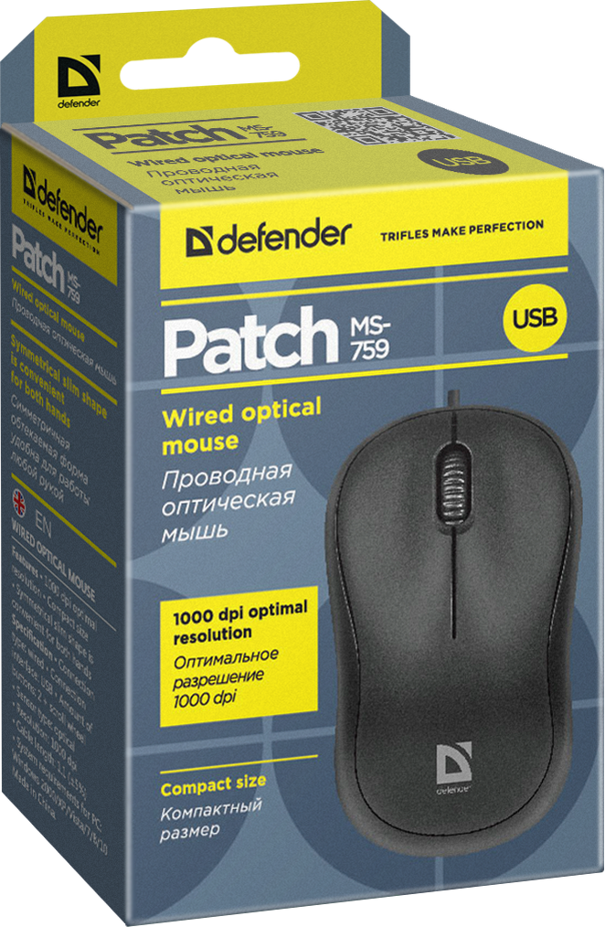 Defender Проводная оптическая мышь Patch MS-759 черный,3 кнопки,1000 dpi