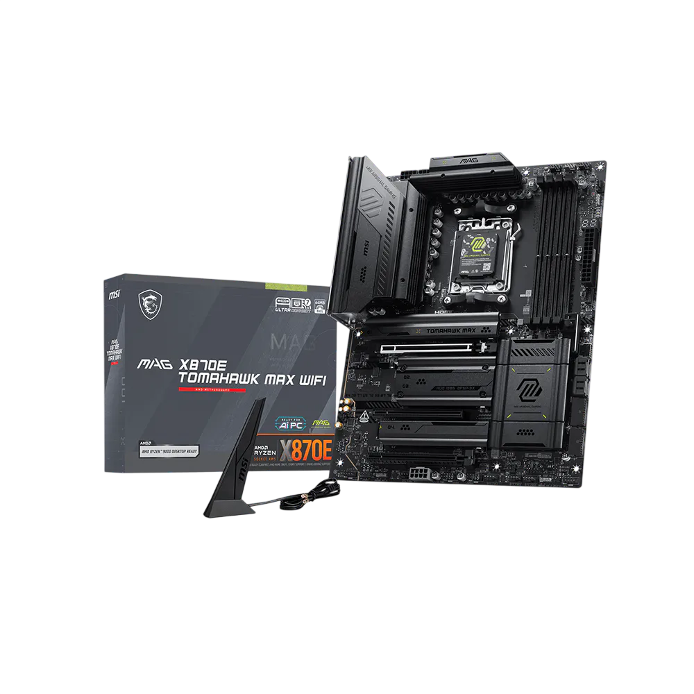 Материнская плата MSI MAG X870E TOMAHAWK MAX WIFI, AM5, AMD X870E, 4xDDR5 (до 256 ГБ), 4xSATA, 4xM.2 (2xPCIe 5.0, 2xPCIe 4.0), 1xPCIe 5.0 x16, 1xPCIe 4.0 x16, 1xPCIe 3.0 x16, 1xHDMI, 1x5Gb LAN, Wi-Fi 7, Bluetooth 5.4, 2xUSB-C 40Gbps (USB4), 1xUSB-C 10Gbps, 2xUSB-A 10Gbps, 3xUSB-A 5Gbps, 4xUSB-A 2.0, 3x3.5 мм + S/PDIF оптический, 7.1, чёрный, ATX