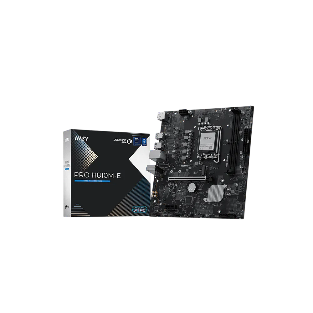 Материнская плата MSI PRO H810M-E, LGA 1851, Intel H810, 2xDDR5 (до 128 ГБ), 4xSATA, 1xM.2 (PCIe 4.0 x4), 1xPCIe 5.0 x16, 1xPCIe x1, 1xHDMI, 1xDP, 1x2.5Gb LAN, 2xUSB-A 5Gbps, 4xUSB-A 2.0, 3x3.5 мм, 7.1, чёрный, mATX