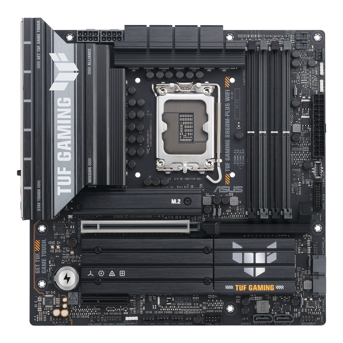 Материнская плата ASUS TUF GAMING B860M-PLUS WIFI, LGA 1851, Intel B860, 4xDDR5, 4xSATA, 3xM.2, 1xPCIe 5.0 x16, 1xPCIe x4, 1xUSB-C, 4xUSB-A 3.2 Gen 1, 2xUSB-A 3.2 Gen 2, 1xHDMI, 1xDP, 1x2.5Gb LAN, 7.1, mATX