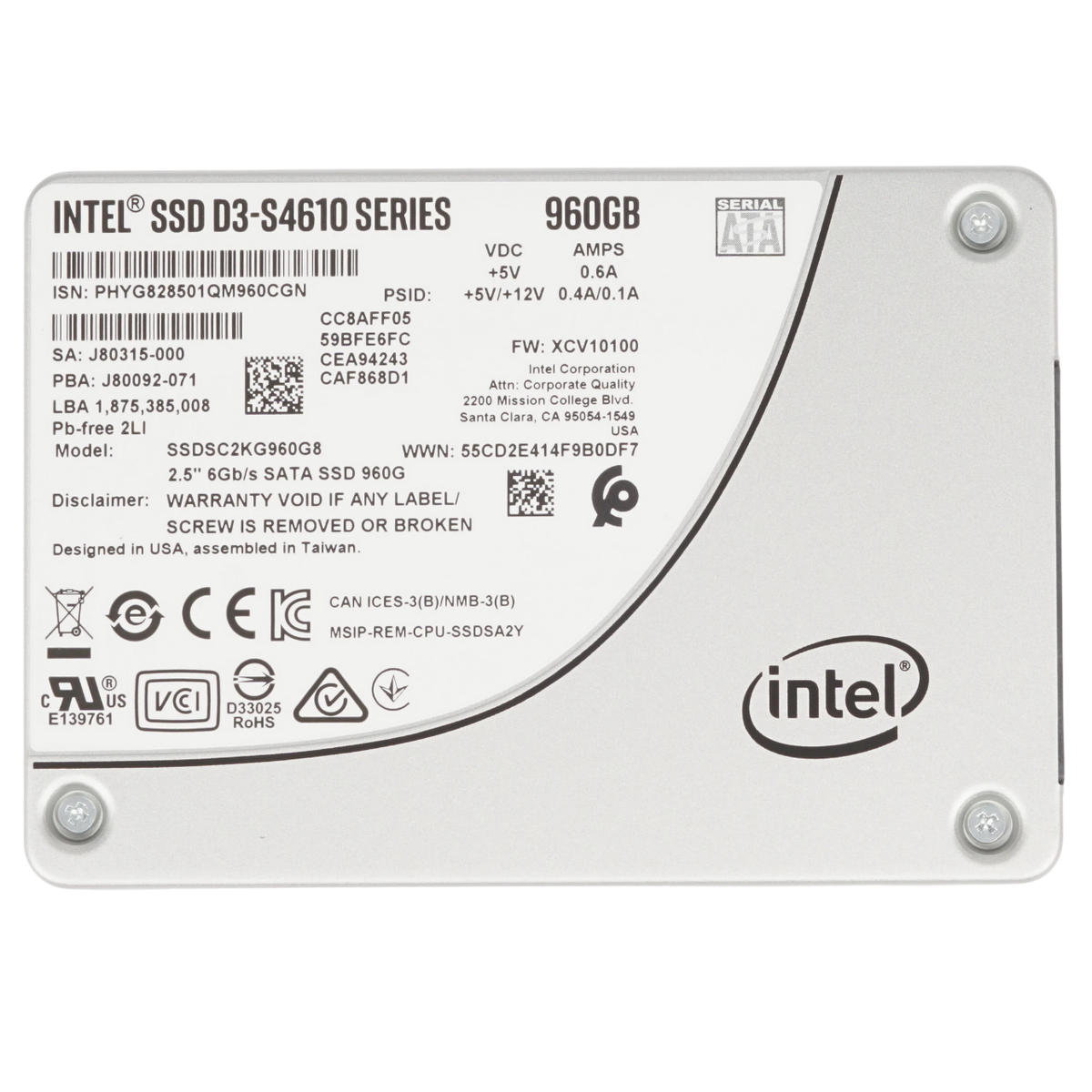 Твердотельный накопитель/ Intel SSD D3-S4610 Series, 960GB, 2.5" 7mm, SATA3, TLC, R/W 560/510MB/s, IOPs 96 000/51 000, TBW 5800, DWPD 3 (12 мес.)