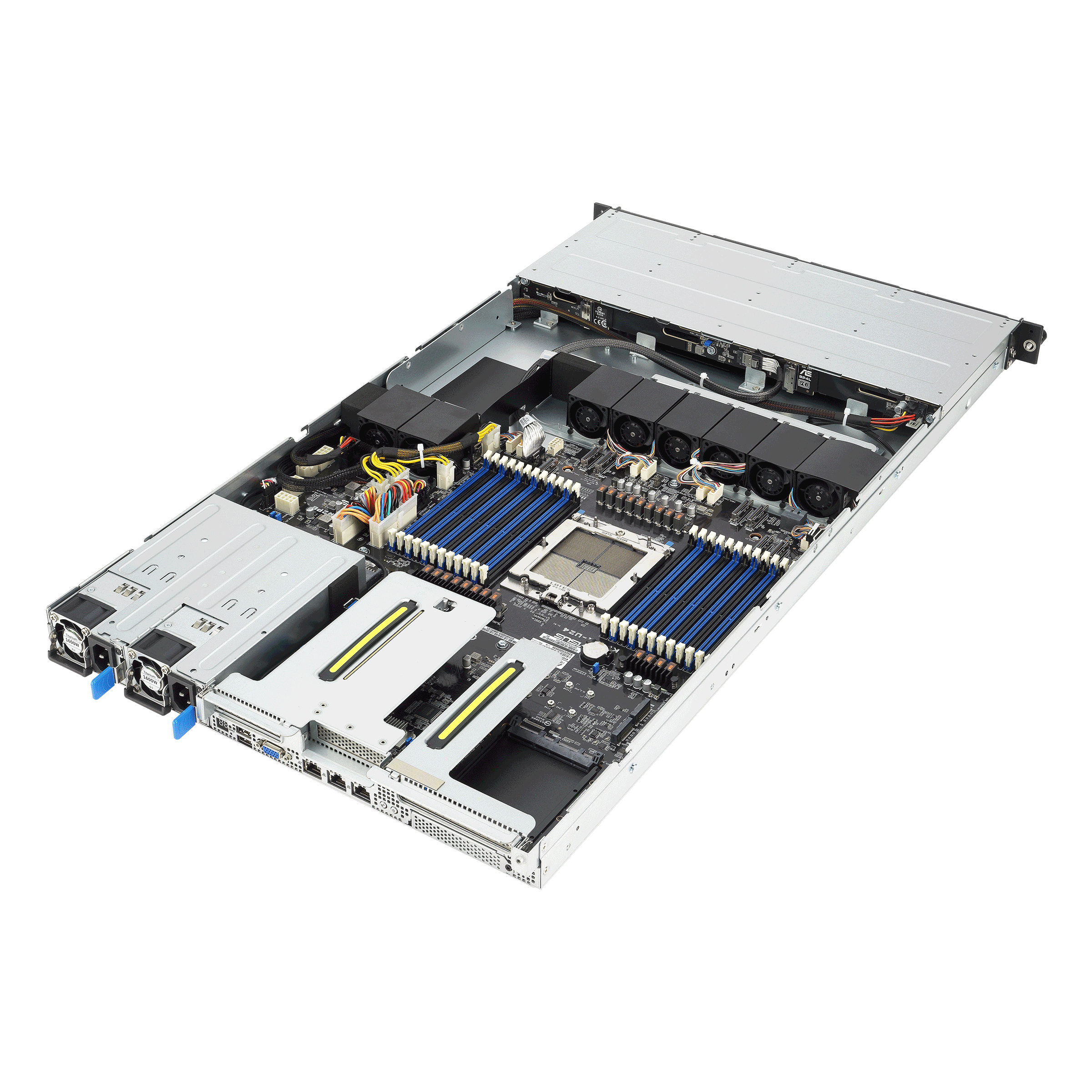 Серверная платформа/ ASUS RS501A-E12-RS4, 1U, 1x  SP5 (LGA 6096) 400W, 24x DIMM DDR5 6400/4800, 4x 3.5'' SATA/SAS, 2x M.2 SATA/NVME x4 22110, 3x PCIe x16+ 1x OCP3.0 x16, 1x 2-port 1GbE Intel I350 LAN, up to 2 single-slot GPU cards, 1+1 1600W