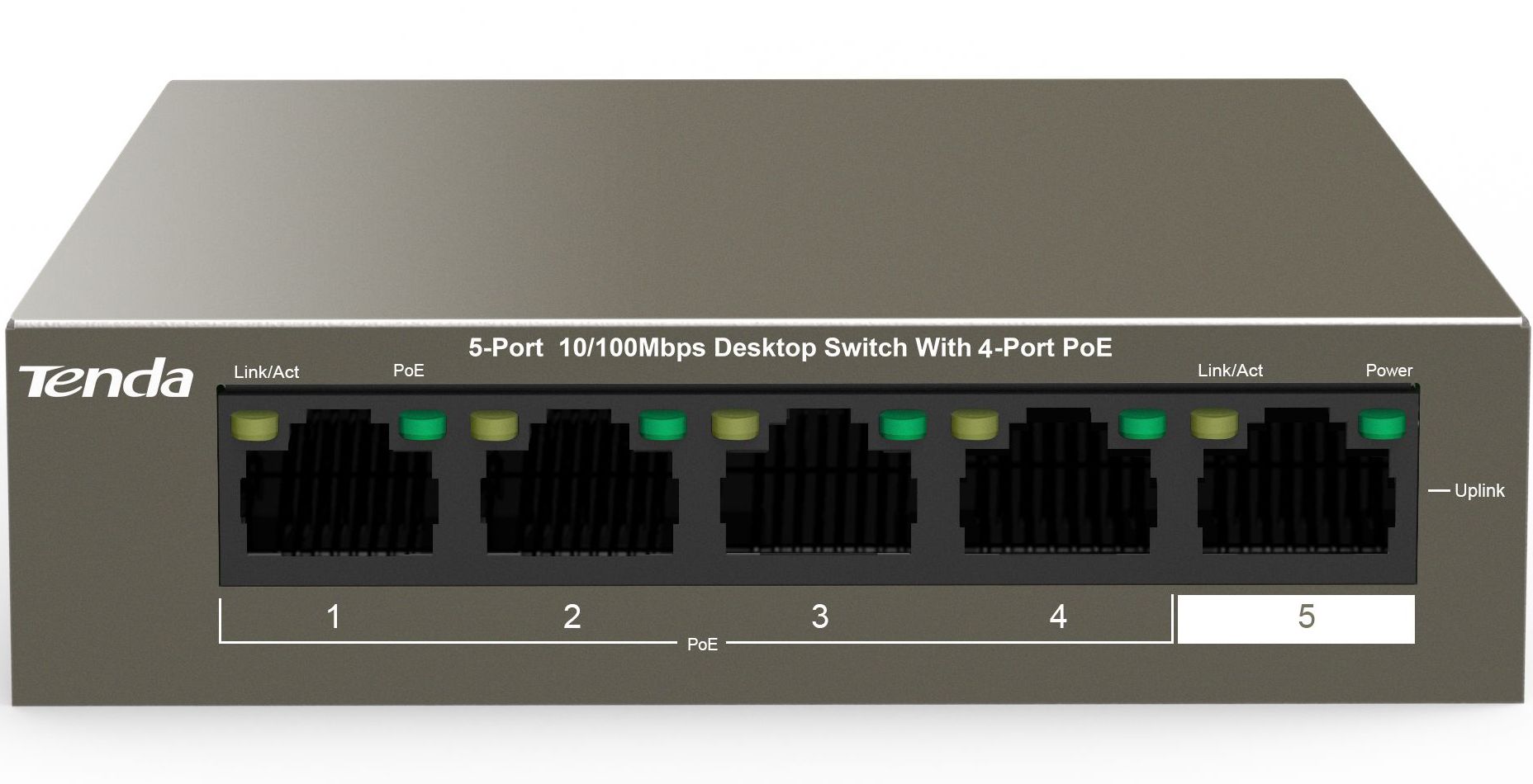 Tenda TEF1105P-4-63W - Коммутатор PoE неуправляемый, 5 портов PoE 10/100 Мбит/с Base-TX RJ45. Грозозащита по PoE до 6 кВ. Порты 1-4 IEEE 802.3at/af PoE (до 30Вт на порт). Бюджет PoE 58 Вт