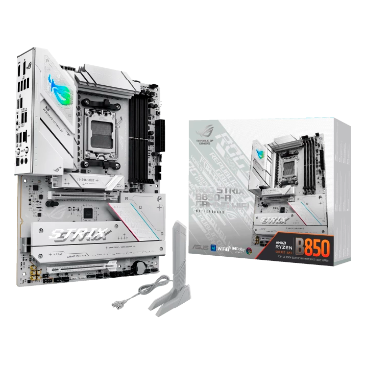 Материнская плата ASUS ROG STRIX B850-A GAMING WIFI, AM5, AMD B850, 4xDDR5, 2xSATA, 4xM.2, 1xPCIe 5.0 x16, 1xPCIe 4.0 x16, 1xPCIe x4, 1xDP, 1xHDMI, 1x2.5Gb LAN, 1xUSB-C 20Gbps, 1xUSB-C 10Gbps, 2xUSB-A 10Gbps, 4xUSB 5Gbps, 2xUSB-A 2.0, 3x3.5 мм, 7.1, ATX