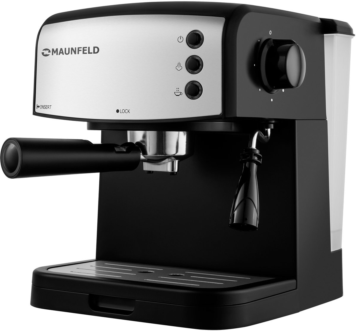Кофемашина рожкового типа MAUNFELD/ Кофемашина рожкового типа MAUNFELD MF-734BK, мощность 850 Вт, давление 15 бар, капучинатор, возможность приготовления 2 чашек, объем резервуара воды 1,5 л , цвет черный
