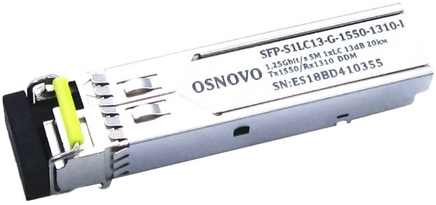 Osnovo - Оптический SFP Модуль промышленный. Одно волокно Single Mode. Скорость: до 1,25 Гбит/c. Тип разъема: LC. Оптический бюджет: 13дБ. Расстояние передачи - до 20км. Рабочая длина волны,нм - Tx:1550/Rx:1310. Поддержка DDM. Размеры (ШхВхГ): 13,7x8,5x55,35мм. Рабочая температура: -40…+85°С.