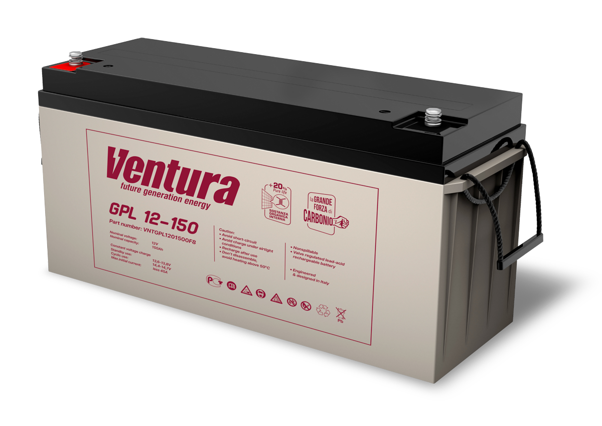Батарея Ventura серия GPL, GPL12-150, напряжение  12B, емкость 155Ач (разряд 20 часов), макс. ток заряда 45А,  свинцово-кислотная типа AGM,  клеммы  F8, ДШВ  483х170х240мм, вес 42кг/ Ventura battery GPL series, GPL12-150, voltage 12V, capacity 155Ah (discharge 20 hours), max. charging current 45A, lead-acid type AGM, terminals F8, LxWxH 483x170x240mm, weight 42kg