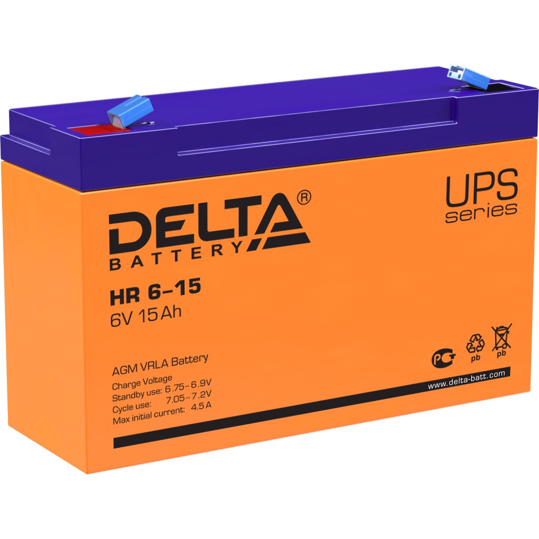 Батарея DELTA серия HR, HR 6-15, напряжение 6В, емкость 15Ач (разряд 20 часов),  макс. ток разряда (5 сек.) 180А, макс. ток заряда 4.5А, свинцово-кислотная типа AGM, клеммы F1, ДxШxВ 151х50х94мм., вес 1.95кг., срок службы 8 лет./ Battery DELTA series HR, HR 6-15, voltage 6V, capacity 15Ah (discharge 20 hours), max. discharge current (5 sec.) 180A, max. charge current 4.5A, lead-acid type AGM, terminals F1, LxWxH 151x50x94mm., weight 1.95kg., service life 8 years.