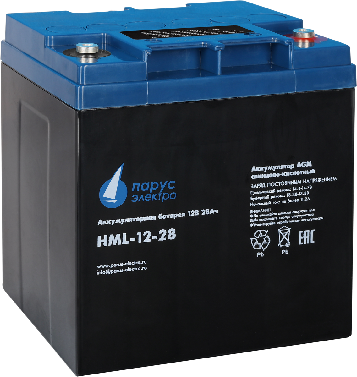 Battery Parus Electro, professional series HML-12-28, voltage 12V, capacity 28Ah (discharge 20 hours), max. discharge current (5sec) 310A, max. charge current 11.2A, lead-acid AGM type, M5 bolt terminals, LxWxH 165x125x175mm., total height with terminals 175mm., weight 9.7kg., service life 12 years.