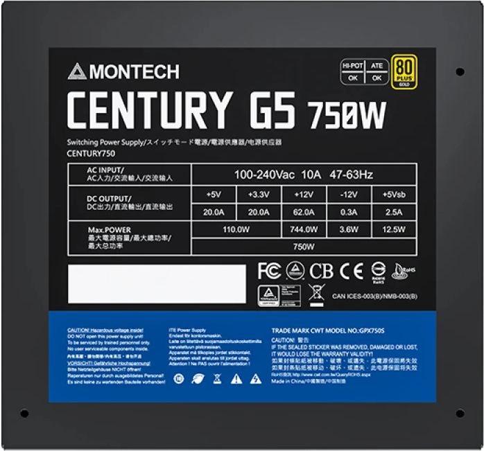 Блок питания Montech ATX 750W CENTURY GOLD G5 80+ gold (20+4pin) APFC 120mm fan 10xSATA Cab Manag RTL