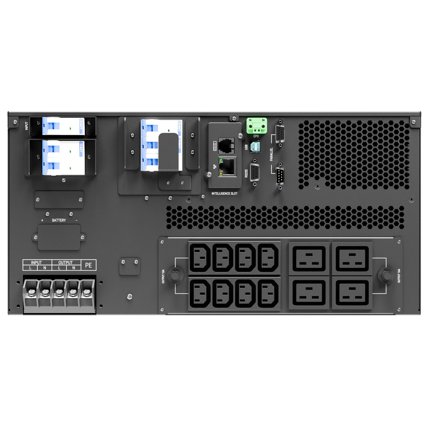 Источник бесперебойного питания/ ONTEK SM RT 10 (SB), 10 кВА/10 кВт (PF=1) с внутренними аккумуляторными батареями 20шт/9Ач, выходными клеммами и выходными розетками 8шт х С13, 4шт х С19, с выключателем сервисного байпаса и выходным выключателем, зарядное устройство 1-12А, с возможностью подключения дополнительных батарейных блоков