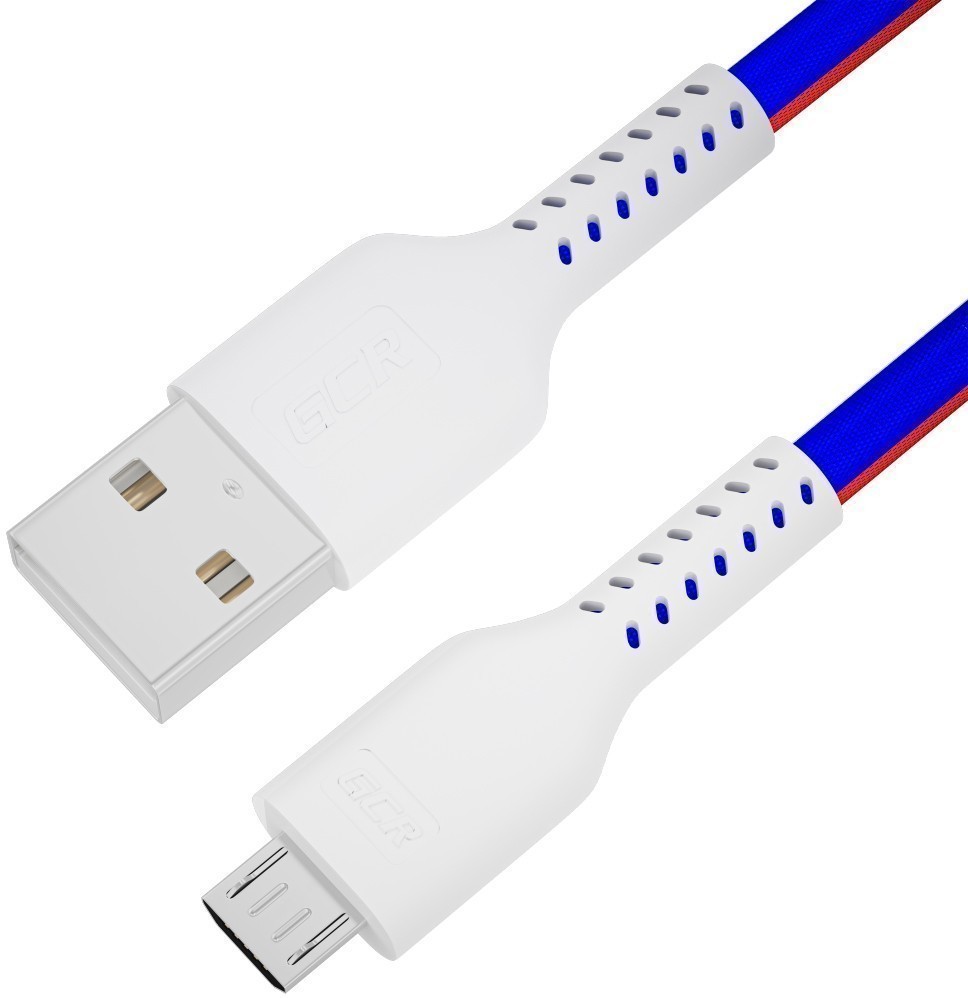 GCR QC Кабель 0.5m MicroUSB, быстрая зарядка, медь, в оплетке текстиль, ТРИКОЛОР Россия, белый ПВХ, 28/24 AWG