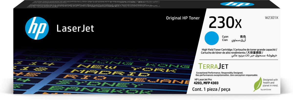 W2301X - HP 230X Cyan LaserJet Toner Cartridge for Color LJ Pro 4203/4303, up to 5500 pages