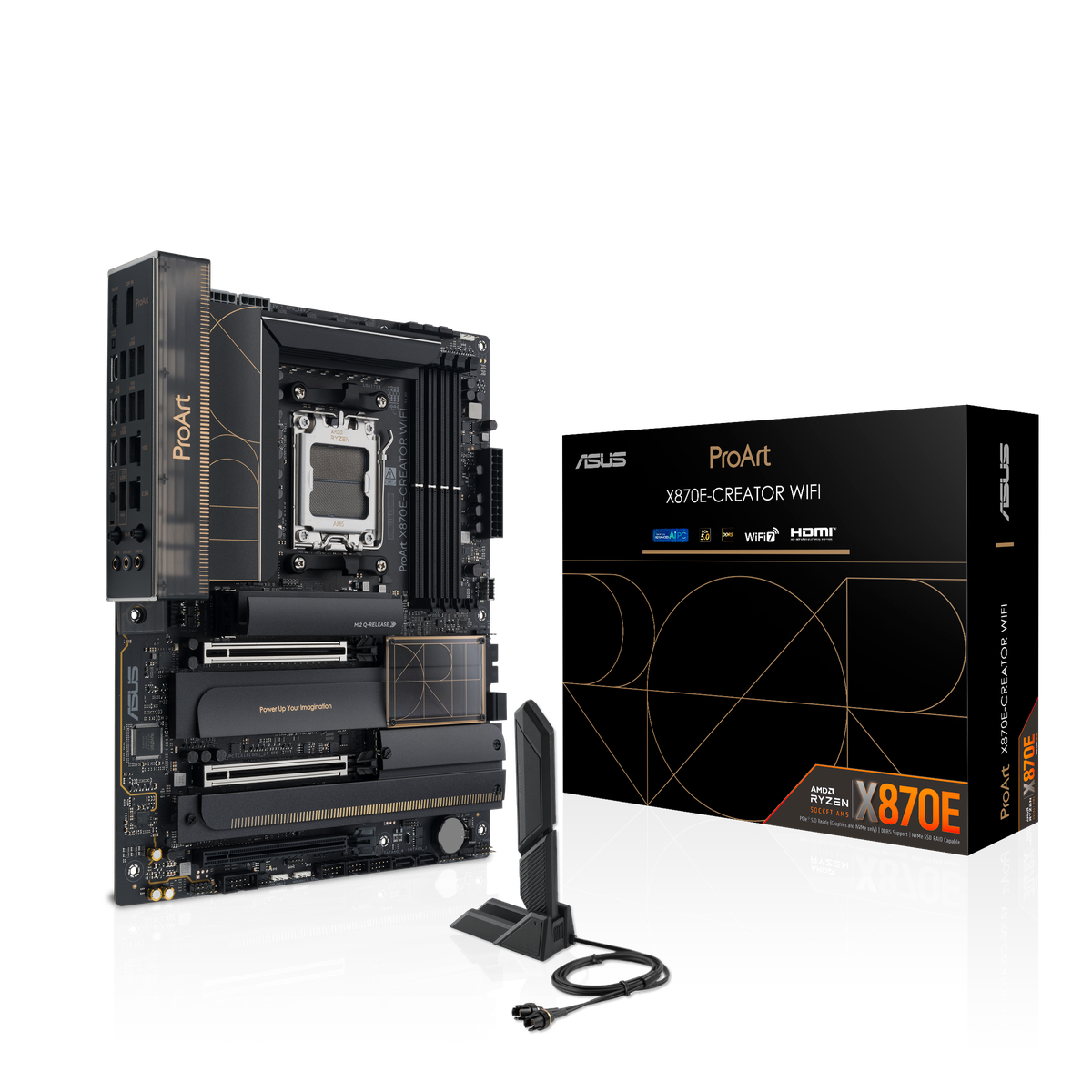 Материнская плата ASUS PROART X870E-CREATOR WIFI, AM5, AMD X870E, 4xDDR5, 4xSATA, 4xM.2, 2xPCIe 5.0 x16, 1xPCIe 4.0 x4, 2xUSB-C 40Gbps, 1xUSB-C 20Gbps, 7xUSB-A 10Gbps, 1xUSB-A 2.0, 1xDP (v1.4), 1xHDMI (v2.1), 1x10Gb LAN, 1x2.5Gb LAN, Wi-Fi 7, Bluetooth 5.4, 3x3.5 мм, 7.1, ATX