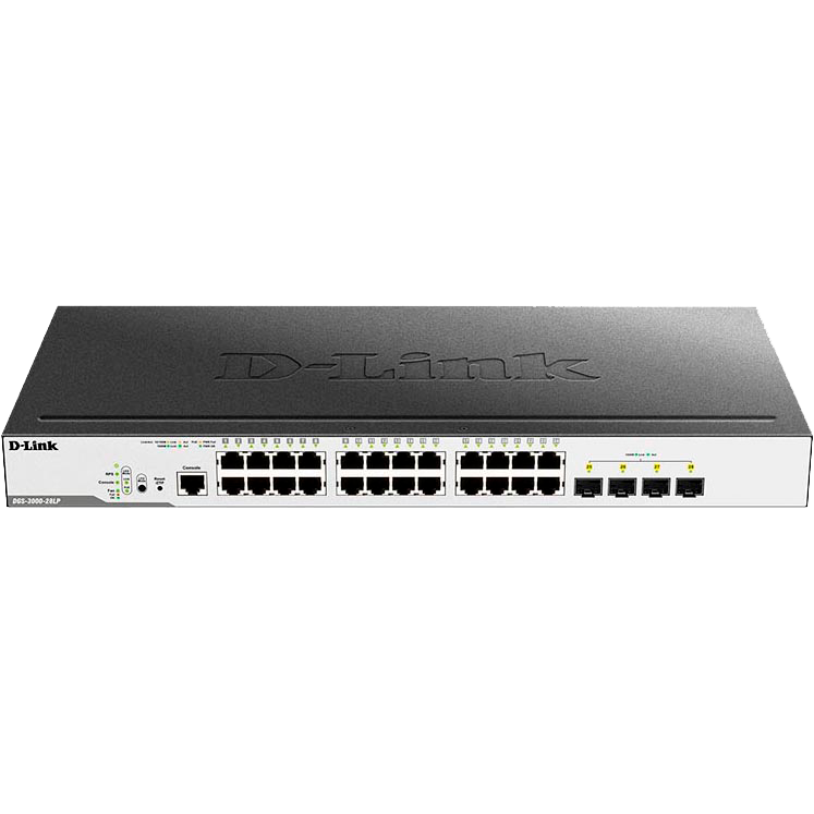 Коммутатор D-Link Управляемый L2 PoE-коммутатор, 24x1000Base-T PoE, 4x1000Base-X SFP, PoE-бюджет 193 Вт, защита от статического электричества до 6 кВ, CLI, консольный порт RJ-45, RPS, поддержка Dying Gasp