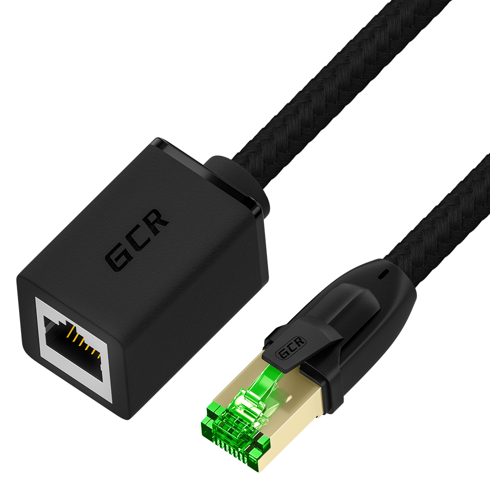 GCR PRO Удлинитель патч-корда PROF 2.0m, в оплетке текстиль, кат.8 ethernet, S/FTP, медь, 26 AWG, черный, экранированные коннекторы, T568B, GCR-57767