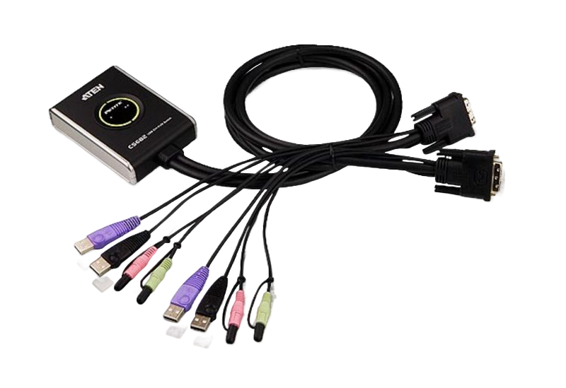 2-портовый KVM-переключатель со встроенными KVM кабелями 2х(1,2м), 1 user DVI-D(Female)+ 2хUSB(Тип А(Female)) +2хАудио(Female) <-> 2 cpu DVI-D(Male)+2хUSB(Тип А(Male))+2хАудио(Male), настольный, некаскад., не требуется внешнее питание/ PETITE 2 PORT DVI CABLE KVMP SWITCH.