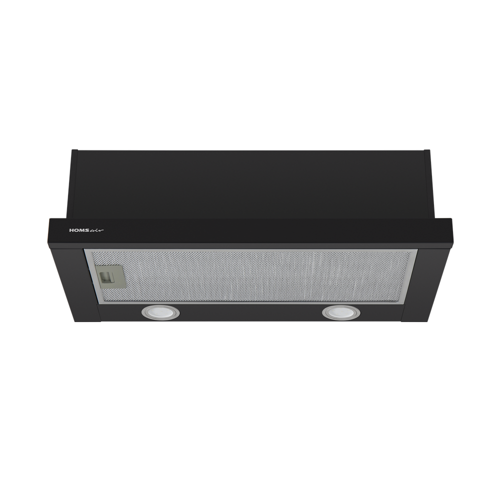 ВЫТЯЖКА HOMSair Flat 60 Black/ встраиваемая, колыбельное управление, 2 скорости, 520 м3/ч, до 20 м2, 45 дБ, угольный фильтр CF110 - 1 шт, ШхВхД: 500х176х280 мм, черный цвет