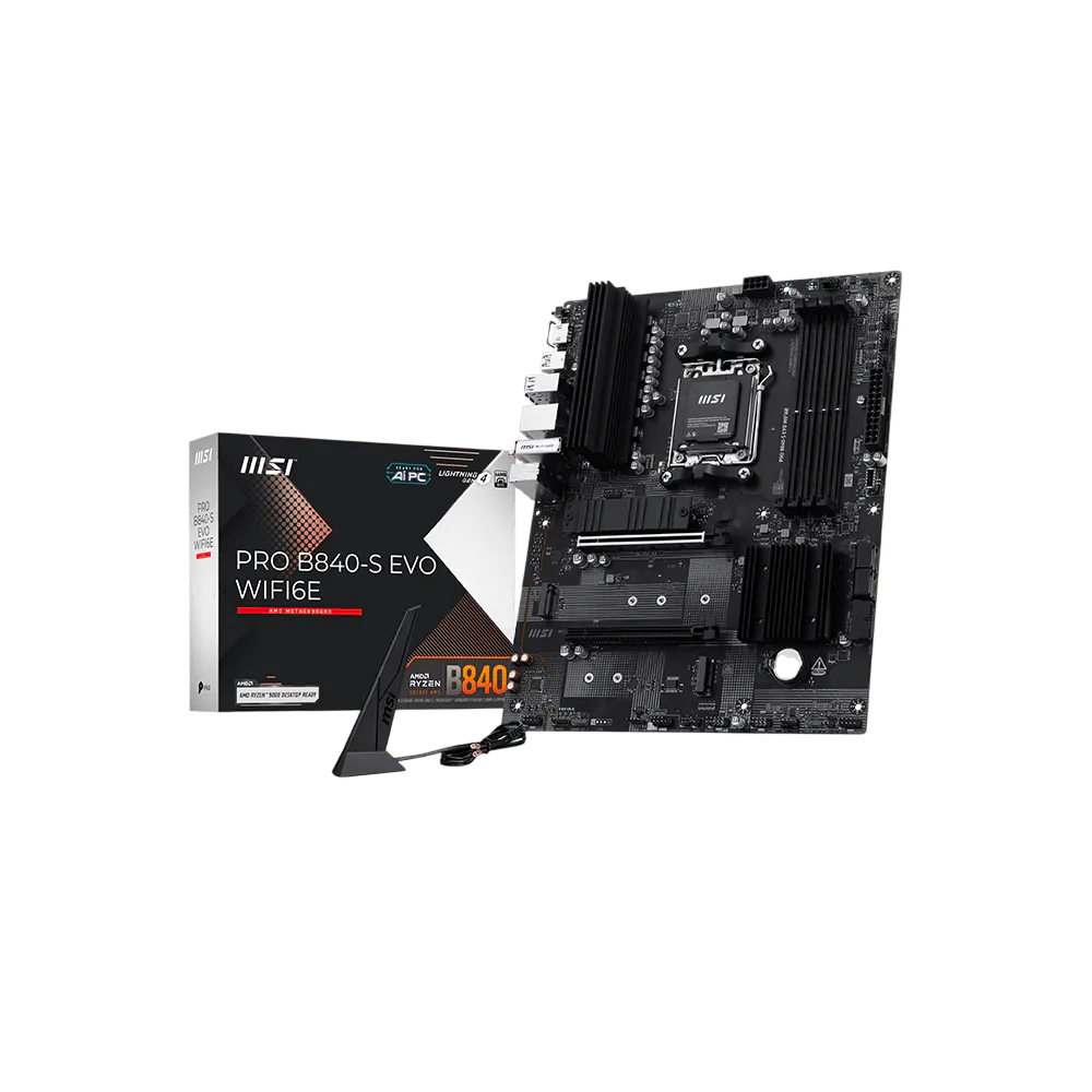Материнская плата MSI PRO B840-S EVO WIFI6E, AM5, AMD B840, 4xDDR5 (до 256 ГБ), 4xSATA, 3xM.2 (PCIe 4.0/3.0), 1xPCIe 4.0 x16, 1xPCIe 3.0 x16, 1xHDMI, 1x2.5Gb LAN, Wi-Fi 6E, Bluetooth 5.3, 1xUSB-C 10Gbps, 1xUSB-A 10Gbps, 2xUSB-A 5Gbps, 4xUSB-A 2.0, 3x3.5 мм, 7.1, чёрный, ATX
