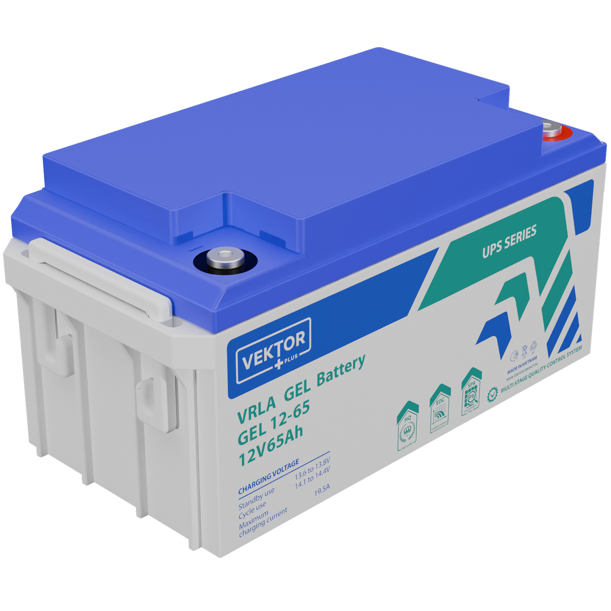 Батарея Vektor Battery серия GEL, GEL 12-65, напряжение 12В, емкость 65 Ач (разряд 10 часов), макс. ток разряда (1 сек.) 650А, макс. ток заряда 13A, свинцово-кислотная типа AGM, клеммы Т11, ДxШxВ 350x167x173 мм., вес 20кг., срок службы 13 лет